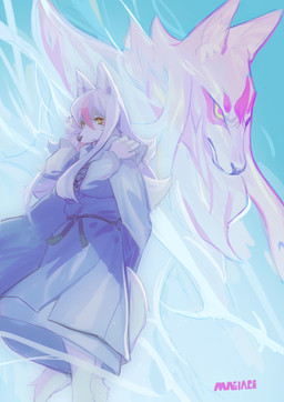 anthro clothed clothing female fur hair robe white_body white_fur white_hair yellow_eyes magiace brand_new_animal studio_trigger nazuna_hiwatashi canid canine fox mammal 2020 absurd_res hi_res