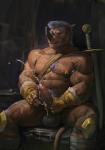 abs anthro armor armpit_hair balls biceps big_muscles big_penis biped bodily_fluids body_hair broadsword cum cum_on_leg cum_on_self cumshot dripping ejaculation erection eyes_closed fist foreskin genital_fluids genitals gold_(metal) hair hand_on_penis horn humanoid_genitalia humanoid_penis male masturbation melee_weapon muscular muscular_anthro muscular_male nipple_piercing nipples nude orgasm partially_retracted_foreskin pecs penile penile_masturbation penis piercing scar semicircle_nipple_piercing sitting solo sword teeth tongue vein veiny_penis weapon jiandou mordechai mammal rhinoceros hi_res