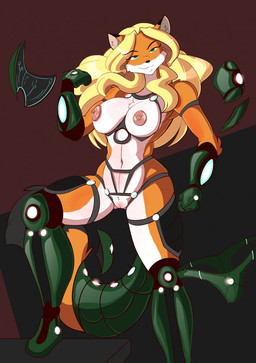 anthro armor bionics blonde_hair breasts cybernetics female genitals green_eyes hair looking_at_viewer machine navel nipples pose simple_background smile solo technology vulva sagestrike2 paizo pathfinder evelista_(jarick_y3k) canid canine cyborg fox mammal 2016 hi_res
