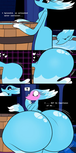big_butt blue_body blush breasts bubble_butt butt butt_expansion drinking exclamation_point expansion eyelashes female heart_symbol huge_butt hyper hyper_butt inflation liquid_inflation looking_back pseudo_hair solo surprised text water water_inflation wide_hips hatty_ya_ku deltarune undertale_(series) miss_mizzle darkner elemental_creature mizzle_(deltarune) water_creature 2025 absurd_res comic digital_drawing_(artwork) digital_media_(artwork) english_text hi_res multiple_scenes