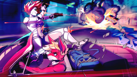 anthro cyberpunk duo explosion female gun machine male male/female ranged_weapon weapon aila_(ailaanne) kayla_angel robin_tinderfox canid canine fox mammal red_fox robot true_fox absurd_res hi_res
