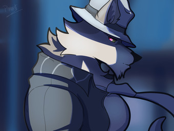 anthro barazoku bow_tie clothed clothing evil_face hat headgear headwear looking_at_viewer male muscular muscular_anthro muscular_male parody pecs red_eyes solo pinumontbalou demon_slayer epic_games fortnite kimetsu_no_yaiba muzan_kibutsuji wendell_(fortnite) canid canine canis demon mammal wolf crossover hi_res