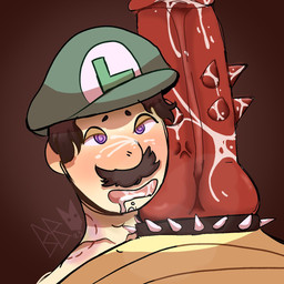 anthro blush bodily_fluids bruised clothed clothing collar cum cum_in_mouth cum_inside cum_on_penis cum_string cumshot drooling duo ejaculation erection facial_hair fellatio genital_fluids genitals hat headgear headwear hickey jewelry knot male male/male nude open_mouth oral penile penile_spines penis penis_on_face red_penis saliva sex simple_background size_difference spikes tongue tongue_out blackbrood mario_bros nintendo bowser luigi human koopa mammal scalie 1:1 hi_res
