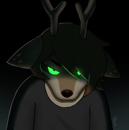 aldeerto_(panqueik) angry anthro antlers black_clothing black_shirt black_topwear brown_body brown_fur brown_hair clothing fur glowing glowing_eyes green_eyes hair holidays horn looking_at_viewer male shirt simple_background solo topwear panqueik halloween deer mammal hi_res