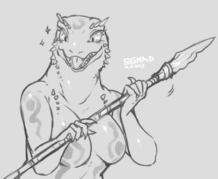 anthro breasts claws eyelashes featureless_breasts female fingers front_view glistening glistening_body glistening_breasts glistening_eyes grey_background holding_melee_weapon holding_object holding_polearm holding_spear holding_weapon markings melee_weapon non-mammal_breasts nude open_mouth open_smile polearm pupils simple_background smile solo sparkles spear spikes spikes_(anatomy) teeth tongue weapon sigma-d lizard reptile scalie 2023 dated digital_media_(artwork) hi_res monochrome signature