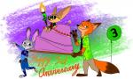 abstract_background anthro attached_to_balloon balloon cake carrying_another clothing dessert dipstick_tail eyewear food group inflatable markings multicolored_tail number number_on_balloon number_print print_balloon sunglasses tail tail_markings text walking theblueberrycarrots disney zootopia finnick_(zootopia) judy_hopps nick_wilde canid canine fennec_fox fox lagomorph leporid mammal rabbit red_fox true_fox 5:3 absurd_res english_text hi_res