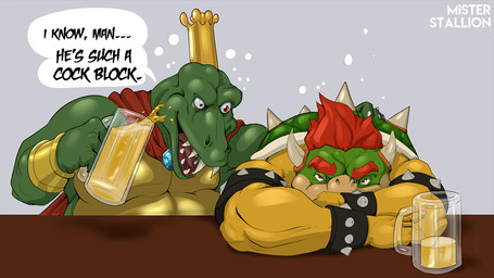 4_fingers alcohol anthro armband beer belly beverage biceps big_belly bloodshot_eyes blue_gem bracelet bubble cape clothing crown dialogue drinking drunk duo fingers gem glass gold_(metal) gold_bracelet gold_jewelry green_body green_scales green_skin hair hand_on_back headgear holding_object horn jewelry looking_at_viewer male multicolored_body multicolored_scales musclegut muscular muscular_anthro muscular_male overweight overweight_anthro overweight_male pecs red_eyes red_hair scales shell smile speech_bubble spiked_armband spiked_bracelet spiked_shell spikes spikes_(anatomy) substance_intoxication tan_body tan_scales teeth text tongue yellow_body yellow_scales yellow_skin misterstallion donkey_kong_(series) mario_bros nintendo bowser king_k._rool crocodile crocodilian koopa kremling reptile scalie turtle 2018 artist_name digital_media_(artwork) english_text