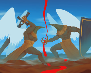 abs ankh anthro battle black_body black_skin blood blood_string blue_sky bodily_fluids bottomwear breasts clothed clothing cloud cosmic_horror divorce duo eye_contact feathered_wings feathers feet female fight fighting_pose flowing_clothing gold_(metal) gold_jewelry gold_necklace golden_clothing holding_melee_weapon holding_object holding_shield holding_sword holding_weapon jewelry loincloth looking_at_another macro male male/female melee_weapon mouthless muscular muscular_female muscular_male necklace nipples non-mammal_breasts pose reality_shift shield skirt sky sword talons toes topless topless_female topless_male weapon white_body white_feathers wings yellow_eyes yellow_hands alex_loken egyptian_mythology middle_eastern_mythology mythology ra angel avian deity hi_res