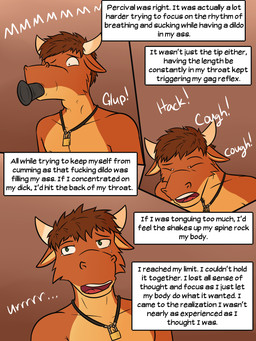 anthro bodily_fluids brown_body brown_fur brown_hair cough countershading dildo dildo_fellatio dildo_in_mouth dildo_insertion eyes_closed fur gagging green_eyes hair horn inner_monologue jewelry jewelry_only lock male male_anthro necklace necklace_only nude nude_anthro nude_male open_mouth oral oral_penetration padlock padlock_necklace penetration profanity resisting_orgasm sex_toy sex_toy_fellatio sex_toy_in_mouth sex_toy_insertion sex_training snout solo tears teeth text text_box thinking training wide_eyed fuze texnatsu ty_conrad bovid bovine cattle mammal 3:4 comic english_text hi_res multiple_scenes