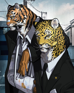 accessory anthro black_body black_clothing black_ears black_fur black_necktie black_topwear cast cigarette clothed clothing fur holding_cigarette holding_object multicolored_body multicolored_ears multicolored_fur necktie orange_body orange_fingers orange_fur orange_hands sky topwear two_tone_ears whiskers white_body white_clothing white_fur white_topwear yellow_body yellow_ears yellow_fur lljh felid leopard mammal pantherine tiger 2023 hi_res