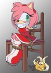 anthro bdsm blush bondage bound chair cloth_gag clothed clothing female furniture gag gagged kidnapping one_eye_closed otm_gag restraints rope rope_bondage sitting solo wiggle peachyowlnights sega sonic_the_hedgehog_(series) amy_rose eulipotyphlan hedgehog mammal