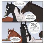 ambiguous_feral ambiguous_gender dialogue eating fence fencepost feral fur grass group open_mouth outside plant scared text trio unconcerned worried forsty bonanza_(series) cochise_(bonanza) equid equine horse mammal comic english_text hi_res