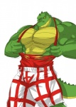 abs anthro biceps big_muscles biped bottomwear clothing crocodile crocodilian crocodylid hi_res looking_down male muscular muscular_anthro muscular_male pecs pose reptile scales scalie shirt shorts simple_background solo standing tank_top topwear torn_clothing wani white_background yellow_eyes yongdasom