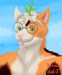 anthro cloud eyewear fur glasses green_eyes male multicolored_body multicolored_fur plant_on_head simple_background solo tongue tongue_out hermesdidit domestic_cat felid feline felis mammal absurd_res bust_portrait hi_res portrait