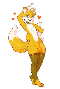 anthro balls breasts choker clothing eyeshadow fur genitals gloves handwear heart_symbol humanoid_genitalia humanoid_penis jewelry legwear looking_at_viewer makeup male multi_tail necklace nude open_mouth penis simple_background smile smiling_at_viewer solo standing stockings tail thigh_highs white_background kuroi_kamome sega sonic_the_hedgehog_(series) miles_prower canid canine mammal digital_media_(artwork)
