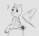 anthro butt butterfly_net clothing dress female net question_mark simple_background sitting sitting_on_stump smile tree_stump white_background noill animal_crossing nintendo cheri_(animal_crossing) arthropod bear humanoid insect mammal black_and_white monochrome