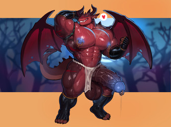 abs anthro armwear balls barazoku biceps big_balls big_muscles big_pecs big_penis black_armwear black_clothing black_legwear blue_glans blue_nipples blue_penis bodily_fluids bottomwear bottomwear_aside calf_muscles claws clothed clothing clothing_aside detailed_background ear_piercing erection flaccid genital_piercing genitals glans glowing glowing_eyes heart_symbol horn huge_balls huge_muscles huge_pecs huge_penis huge_thighs legwear loincloth loincloth_aside male manly membrane_(anatomy) membranous_wings muscular muscular_anthro muscular_arms muscular_legs muscular_male muscular_thighs nipple_piercing nipple_ring nipples partially_clothed pecs penis penis_piercing piercing prince_albert_piercing quads red_body ring_piercing scar sharp_teeth smile solo spikes spikes_(anatomy) sweat sweaty_body tail teeth thick_arms thick_penis thick_thighs trapezius vein veiny_muscles veiny_penis white_bottomwear white_clothing white_loincloth wings cydonia_xia mythology nyrex demon dragon mythological_creature mythological_scalie scalie absurd_res hi_res