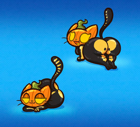 anthro big_butt black_bodysuit black_clothing black_skinsuit blue_background bodysuit breasts butt clothing empty_eyes eyelashes feet female food for_a_head front_view fruit jack-o'-lantern looking_at_viewer looking_back looking_back_at_viewer open_mouth open_smile plant pumpkin rear_view simple_background skeleton_costume skinsuit smile solo thick_thighs tight_clothing whiskers wide_hips yellow_eyes yellow_nose stickyfan epic_games fortnite spice_(fortnite) domestic_cat felid feline felis mammal object_head