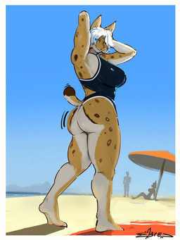 anthro beach big_butt butt clothing female one-piece_swimsuit solo swimwear thick_thighs brendanhparty felid feline lynx mammal 3:4