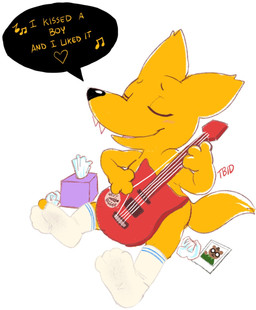 3_fingers anthro biped blush clothing electric_guitar eyes_closed fingers footwear fur guitar legwear male musical_instrument playing_guitar playing_music plucked_string_instrument singing sitting socks solo string_instrument tissue yellow_body yellow_fur tbid night_in_the_woods angus_delaney gregg_lee bear canid canine fox mammal hi_res