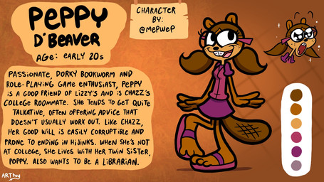 3_toes anthro bottomwear braces brown_body brown_fur buckteeth clothed clothed_anthro clothed_female clothing college_student eyewear feet female footwear freckles fully_clothed fully_clothed_anthro fully_clothed_female fur glasses nerd pigtails sandals shoes skirt solo teeth text toes twintails_(hairstyle) anotherartboy pioneer's_pizza peppy_d'beaver beaver mammal rodent 16:9 english_text model_sheet widescreen