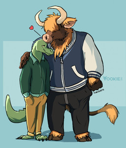3_toes anthro anthro_on_anthro balls_outline barefoot black_bottomwear black_claws black_clothing black_pants blue_clothing blue_topwear bottomwear brown_body brown_fur brown_hooves bulge claws clothed clothing detailed_bulge duo erection erection_under_clothing feet front_view fur genital_outline green_body green_clothing green_jacket green_tail green_topwear hand_on_shoulder hooves horn jacket kissing male male/male obscured_eyes pants penis_outline shadow simple_background standing tail tail_tuft toes topwear tuft white_horn yookie bovid bovine cattle crocodilian mammal reptile scalie 2018 dated hi_res signature