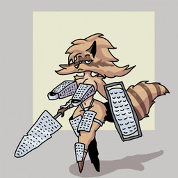 anthro arm_tuft armor big_tail bikini_armor breastplate breasts broadsword brown_body brown_fur brown_hair brown_tail cheek_tuft cheese_grater cleavage clothed clothing cuisse eyelashes facial_tuft female fluffy fluffy_tail frowning_at_viewer fur greatsword greaves grey_background hair holding_object holding_shield holding_weapon improvised_armor improvised_weapon looking_at_viewer markings melee_weapon metal_armor midriff navel partially_clothed partially_clothed_anthro ring_(marking) ringed_tail schynbalds serious_face shadow shield shoulder_tuft simple_background skimpy solo striped_markings striped_tail stripes sword tail tail_markings tan_background thigh_armor three-quarter_view tuft unconventional_clothing unconvincing_armor vambrace walking weapon zhmernalt the_cheese_grater_image mammal procyonid raccoon 1:1 2025 digital_drawing_(artwork) digital_media_(artwork) full-length_portrait hi_res meme portrait