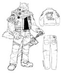 anthro boots bottomwear brooch clothing denim denim_bottomwear denim_clothing fangs footwear jacket jeans male melee_weapon pants scarf shoes solo sword teeth topwear weapon beau_555 elden_ring fromsoftware blaidd_(elden_ring) canid canine canis mammal wolf hi_res monochrome