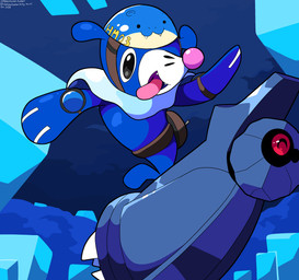 1_eye ambiguous_gender armor black_eyes blue_body duo eyes_closed fangs feral grey_body headgear helmet open_mouth red_eyes riding_on_back teeth tongue tongue_out sleepy_sealion nintendo pokemon beldum generation_3_pokemon generation_7_pokemon pokemon_(species) popplio spheal 2026 absurd_res dated hi_res signature
