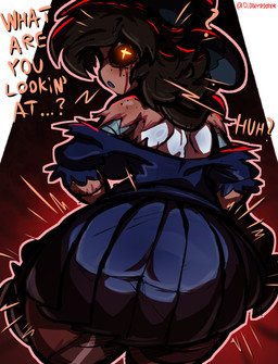 backless_clothing backless_dress bare_back bare_shoulders big_butt black_clothing black_dress black_eyeshadow black_hair black_sclera blood blood_from_eye bodily_fluids bow_ribbon brown_body brown_skin butt clothing confusion corpse corset disguise dress earless ellipsis emphasis_lines eyeshadow female freckled_face freckled_shoulders freckles glowing glowing_eyes grey_body hair half-closed_eyes huge_butt leg_tattoo lines_on_body lingerie long_hair looking_at_viewer looking_back machine makeup metal metallic_body narrowed_eyes nightmare_fuel noseless open_mouth pigtails question_mark rear_view scar scars_all_over screen screen_face seam_(sewing) segmented_body simple_background skinsuit solo stitch_(sewing) surgical_suture surprised tattoo text thick_thighs threatening tight_clothing topwear twintails_(hairstyle) white_body wide_hips x_eyes yellow_eyes diddlydooter1 glitch_productions murder_drones cyn_(murder_drones) tessa_(murder_drones) eldritch_abomination human humanoid mammal patchwork_creature robot robot_humanoid undead worker_drone zombie artist_name digital_drawing_(artwork) digital_media_(artwork) hi_res signature