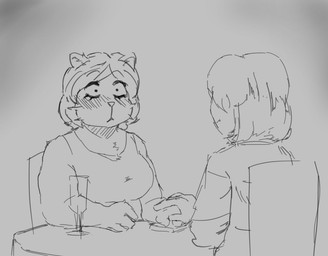 anthro blush container cup date drinking_glass glass glass_container glass_cup hand_holding wine_glass unknown_artist deltarune undertale_(series) catti_(deltarune) kris_dreemurr domestic_cat felid feline felis human mammal monochrome