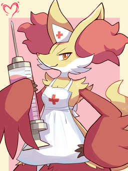 3_fingers anthro big_ears cheek_tuft clothing facial_tuft female fingers fur hat headgear headwear holding_object inner_ear_fluff looking_at_viewer markings multicolored_body multicolored_fur nurse_clothing nurse_hat nurse_headwear nurse_uniform orange_eyes red_body red_fur red_nose smile snout solo tail tuft uniform white_markings yellow_body yellow_fur komanyachi nintendo pokemon delphox generation_6_pokemon pokemon_(species) absurd_res cel_shading colored digital_drawing_(artwork) digital_media_(artwork) hi_res shaded