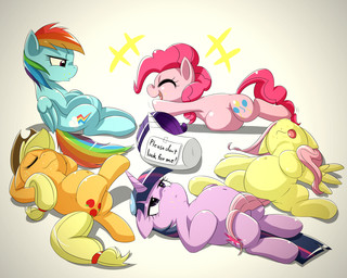 blue_body blue_feathers blue_fur candy dessert feathered_wings feathers female feral food fur group hair horn marshmallow multicolored_hair note purple_body purple_fur purple_hair rainbow_hair text two_tone_hair wings behind-space friendship_is_magic hasbro my_little_pony mythology applejack_(mlp) fluttershy_(mlp) pinkie_pie_(mlp) rainbow_dash_(mlp) rarity_(mlp) twilight_sparkle_(mlp) earth_pony equid equine horse mammal mythological_creature mythological_equine pegasus pony unicorn winged_unicorn 2015 5:4