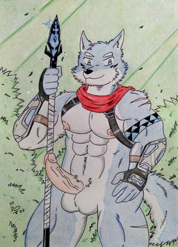 abs anthro arm_pads armor balls barazoku biceps black_nose blue_body blue_eyes blue_fur clothing erection forest forest_background fur genitals handwear holding_object holding_weapon humanoid_genitalia humanoid_penis lance looking_at_viewer male manly melee_weapon multicolored_body multicolored_fur muscular muscular_anthro muscular_male nature nature_background nipples nude outside pecs penis pink_nipples plant polearm red_scarf scar scarf solo tail tree vein veiny_penis weapon dashthefox crave_saga hakuma_(crave_saga) canid canine canis mammal wolf 2025 absurd_res colored_pencil_(artwork) hi_res traditional_media_(artwork)