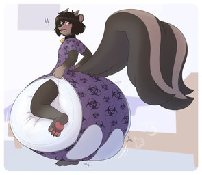 ambiguous_gender anthro bed bell bell_collar big_diaper big_tail brown_body clothing collar diaper exclamation_point furniture huge_diaper hyper_diaper looking_back on_one_leg onesie pawpads paws shocked solo standing tail torn_clothing 3amrabbit mammal mephitid skunk hi_res