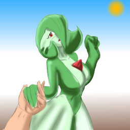 big_breasts blue_background breasts clothing dress eyelashes female first_person_view green_body green_clothing green_dress green_hair hair hair_over_eye hand_holding inner_boob looking_at_viewer one_eye_obstructed open_mouth red_eyes simple_background solo sun white_background wide_hips thegrossmind nintendo pokemon gardevoir generation_3_pokemon humanoid pokemon_(species) 1:1 absurd_res hi_res
