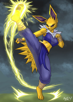 4_toes anthro barefoot bottomwear clothed clothing feet female fighting_pose fingers fur kick navel on_one_leg outside pants pawpads paws pokemorph pose sky skyscape soles solo spread_legs spreading standing tail toes topwear yellow_body yellow_fur brushstroke nintendo pokemon eeveelution generation_1_pokemon jolteon mammal pokemon_(species) digital_media_(artwork) hi_res