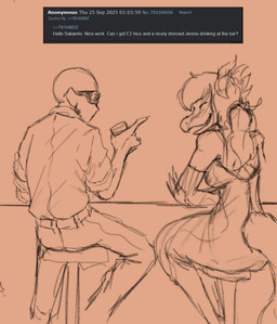 anthro armwear bald bar clothing dress duo elbow_gloves eyes_closed eyewear feathers female gloves handwear long_tail male open_mouth open_smile sitting smile sunglasses tail sakamtosng 4chan cavemanon_studios i_wani_hug_that_gator inco_(iwhtg) jenine_(iwhtg) dinosaur dromaeosaurid feathered_dinosaur feathered_scalie human mammal prehistoric_species reptile saurischian scalie theropod velociraptor 2025 monochrome sketch