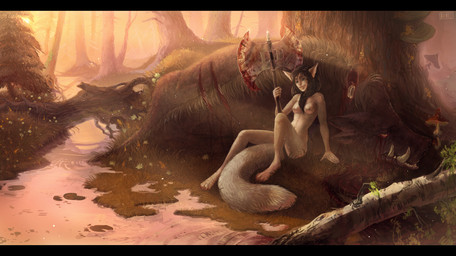 axe battle_axe black_bars black_hair blood bodily_fluids breasts creek decapitation double_bitted_axe evergreen_tree female flower forest fungus fur grass grey_body grey_fur hair light looking_at_viewer mane melee_weapon mushroom nipples nude outside pine_tree plant scar severed_body_part severed_head sitting smile solo sunlight tree tusks water weapon white_body white_fur yellow_eyes arucarrd animal_humanoid canid canid_humanoid canine canine_humanoid fox fox_humanoid humanoid mammal mammal_humanoid suid suine sus_(pig) wild_boar absurd_res hi_res letterbox