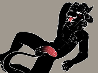 anthro balls black_body black_fur fur genitals half-erect hand_behind_head horn humanoid_genitalia humanoid_penis looking_at_viewer male nude penis smile solo spread_legs spreading tail tongue tongue_out thunderlewd i_think_i_like_you ozzi_(i_think_i_like_you) bovid caprine demon goat mammal digital_media_(artwork) hi_res