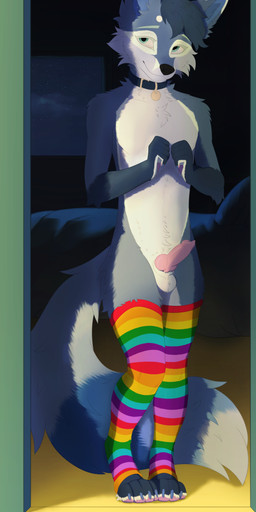 animal_genitalia animal_penis anthro balls bedroom canine_genitalia canine_penis clothing collar detailed_background erection genitals legwear looking_away male nude penis shy solo standing red_the_kitsune canid canine fox mammal 2025 absurd_res digital_media_(artwork) full-length_portrait hi_res line_art portrait shaded watermark