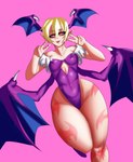 blonde_hair blue_wings bottom_heavy breasts clothing eyelashes female front_view gesture hair hand_gesture head_wings humanoid_pointy_ears leotard looking_at_viewer membrane_(anatomy) membranous_wings navel_outline pink_background pointy_ears pupils purple_clothing purple_leotard purple_wings red_eyes short_hair simple_background slit_pupils small_breasts solo tan_body tan_skin thick_thighs unusual_wing_placement v_sign wide_hips wings nyarlarsche capcom darkstalkers lilith_aensland humanoid succubus winged_humanoid absurd_res hi_res