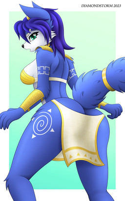 anthro blue_body blue_fur bottomwear breasts butt butt_cleavage clothing exposed_butt exposure_variation female fur green_eyes loincloth looking_at_viewer markings solo surprised text thick_thighs tribal tribal_clothing tribal_markings wide_hips year diamondstorm nintendo star_fox krystal_(star_fox) canid canine fox mammal 2023 5:8 absurd_res artist_name digital_media_(artwork) hi_res story_at_source