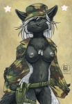 anthro black_body black_fur black_nose breasts camo camo_print chest_tuft claws clothed clothing countershading dog_tags fangs female fluffy fluffy_tail fur genitals gun hair handgun hat headgear headwear hip_holster holster humanoid_genitalia humanoid_pussy inner_ear_fluff jewelry looking_at_viewer military navel necklace nipples open_clothing open_shirt open_topwear partially_clothed pistol pose pussy ranged_weapon reverse_countershading sheathed_weapon shirt smile solo star tail teeth topwear tuft undressing weapon white_body white_fur white_hair yellow_eyes kacey canid canine fox mammal red_fox silver_fox true_fox 2009 pinup portrait three-quarter_portrait