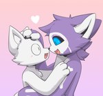 :d anthro black_claws black_nose black_pawpads black_sclera blue_eyes blush blush_lines boop cheek_tuft chest_tuft claws duo eye_contact facial_tuft fingerless_(marking) fur gradient_background hand_on_head happy heart_symbol hug looking_at_another male male/male nose_to_nose open_mouth open_smile pawpads purple_body purple_fur side_view simple_background smile tuft white_body white_face white_fingers white_fur white_sclera carbine_wolf carbine_wolf_(character) presto_(character) canid canine canis domestic_cat felid feline felis mammal wolf hi_res