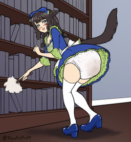 big_diaper blue_clothing blush bookshelf brush cat_tail clothed clothing diaper feces feline_tail female furniture green_clothing legwear looking_back maid_uniform soiling solo stockings unclean_diaper uniform used_diaper using_diaper wearing_diaper floofnfluff final_fantasy final_fantasy_xiv square_enix felid feline humanoid mammal miqo'te absurd_res hi_res