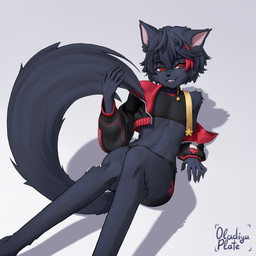 5_fingers anthro big_butt black_clothing black_collar black_jacket black_nose black_topwear butt claws clothing collar cute_fangs fangs finger_claws fingers fluffy fluffy_tail fur grey_body grey_claws grey_fur grey_hair hair jacket looking_at_viewer male nude open_mouth raised_hand red_clothing red_eyes red_hair red_jacket red_topwear simple_background sitting smile solo tail teeth thick_thighs topwear white_background oladiyaplate lucius_merryweather canid canine canis domestic_dog mammal 1:1 absurd_res hi_res