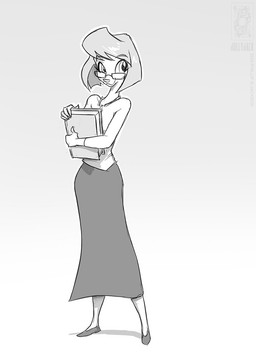 anthro book bottomwear clothing eyebrow_through_hair eyebrows eyewear female footwear glasses hair holding_object shoes skirt solo teacher teacher_clothing translucent translucent_hair wearing_glasses conditional_dnp jollyjack disney goof_troop sylvia_marpole canid canine canis domestic_dog mammal 2025 digital_drawing_(artwork) digital_media_(artwork) monochrome