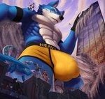 anthro balls_outline big_bulge bottomwear building bulge city clothed clothing cloud destruction detailed_background detailed_bulge extreme_size_difference female fur genital_outline group larger_male looking_down looking_up macro male membrane_(anatomy) membranous_wings muscular muscular_male penis_outline size_difference sky skyscraper smaller_anthro solo_focus tail topless topless_anthro topless_male underwear wings yellow_bottomwear yellow_clothing yellow_underwear thb886 mythology wolfie_(thb886) canid canine canis dragon mammal mythological_creature mythological_scalie scalie wolf 2022 absurd_res hi_res