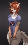 anthro blush bottomless bottomless_anthro bottomless_female breasts cleavage clothed clothing covering covering_crotch covering_self female fur hair hair_over_eye one_eye_obstructed partially_clothed shirt shirt_only simple_background smile solo standing tail topwear topwear_only wienermozart canid canine fox mammal absurd_res digital_media_(artwork) hi_res